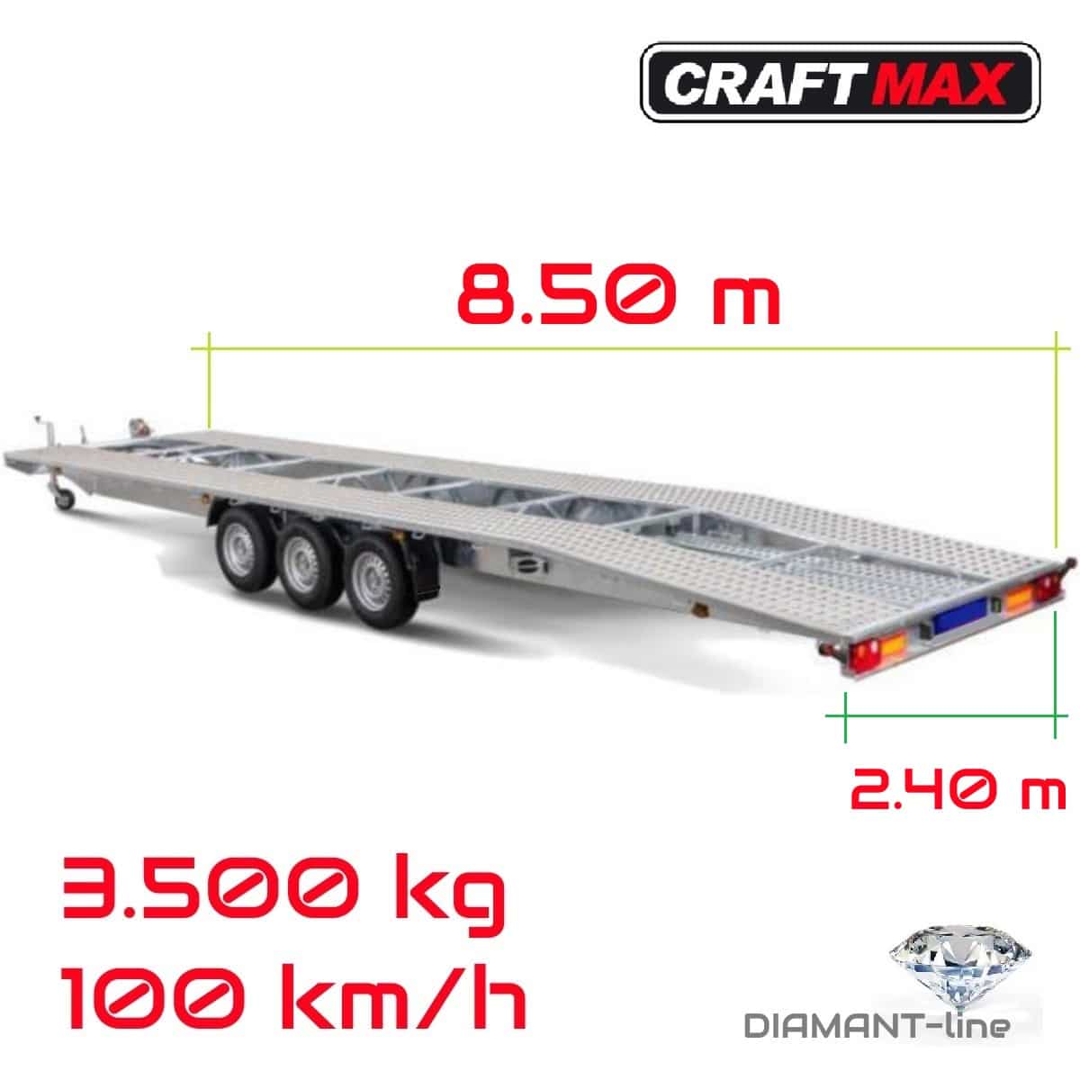 CRAFTMAX® Ecco 850XL® 3500 Tridem Fahrzeugtransporter mit Auffahrschienen, Ersatzrad mit Halter