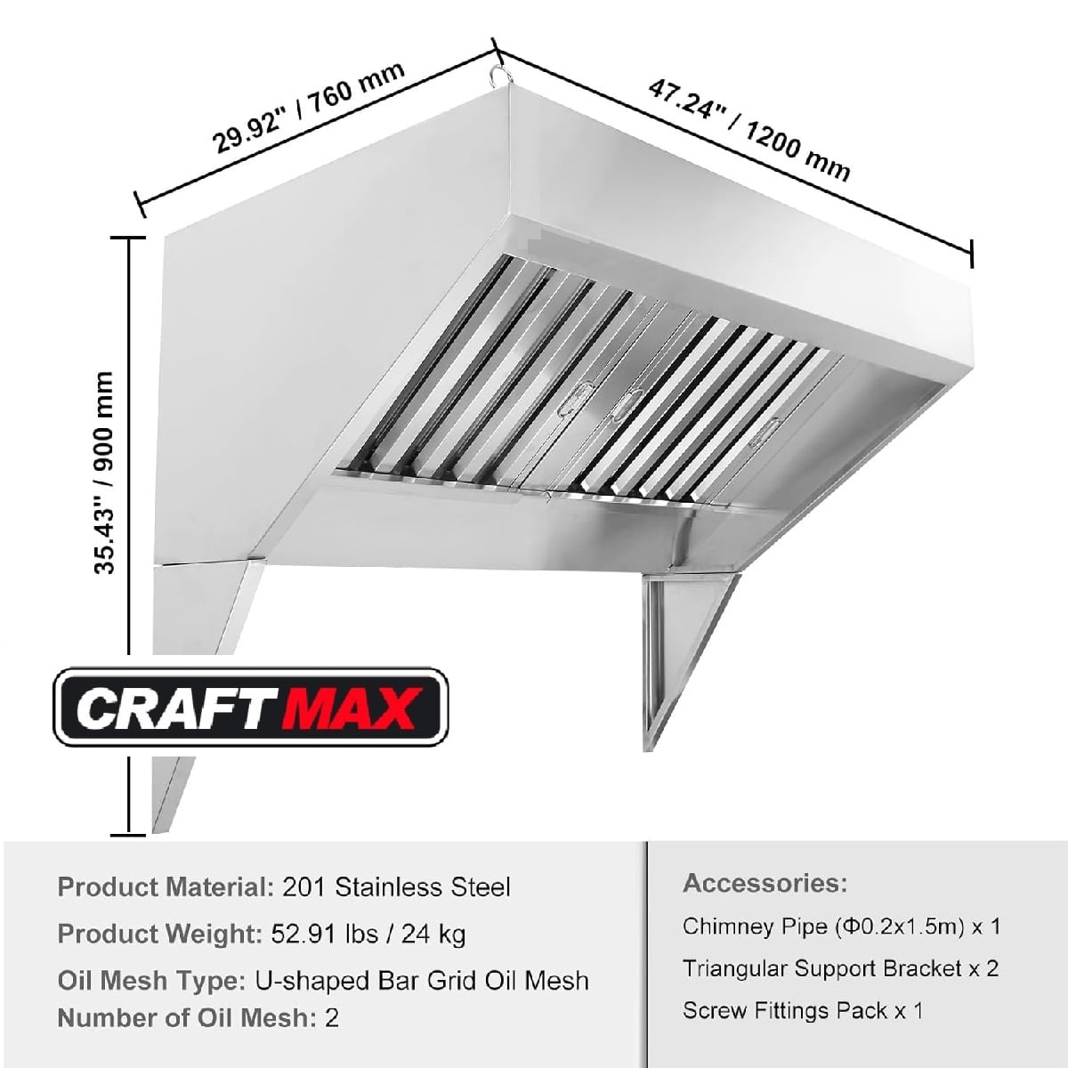 GASTRO Edelstahl Gewerbe Dunstabzugshaube, 120x76cm Ablufthaube, leichte Wandhaube für Konzessionsanhänger, Imbissanhänger, Foodtrucks, Ölfilternetz (7)
