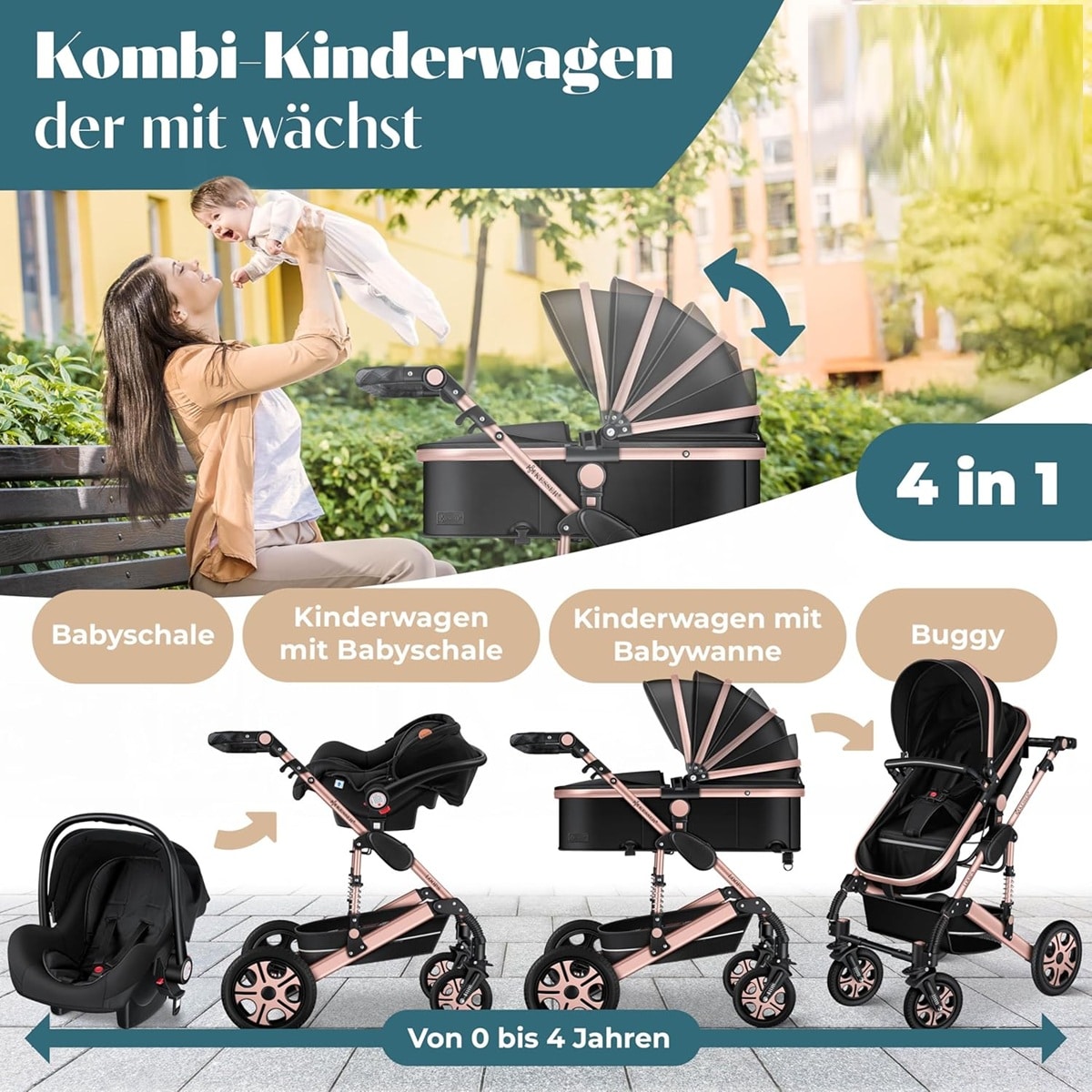 babyluzi Kombikinderwagen 4 in 1 Kinderwagen inkl. Babyschale, Babywanne &  Buggy Sportsitz & Auto-Babyschale, Wickeltasche Regenschutz Kindertisch mit  Voll-Gummireifen - CRAFTMAX