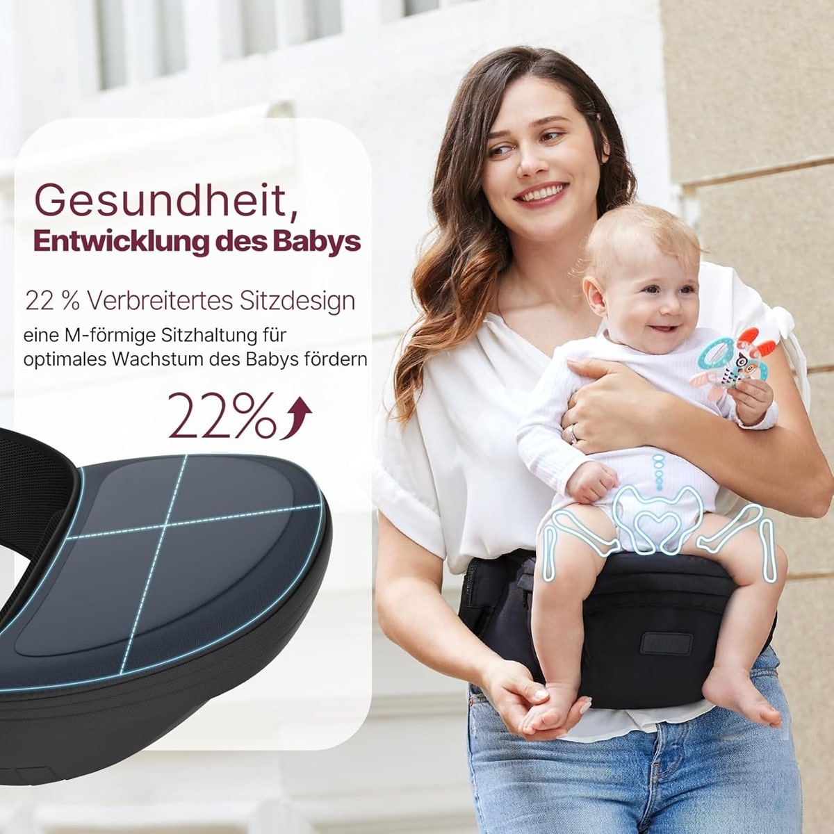babyluzi® Hüftsitz-Babytrage für Neugeborene - Kleinkinder bis 20 kg, 3D-Bauchschutz & EVA-Massageplatte, verschiedene Taschen (3)
