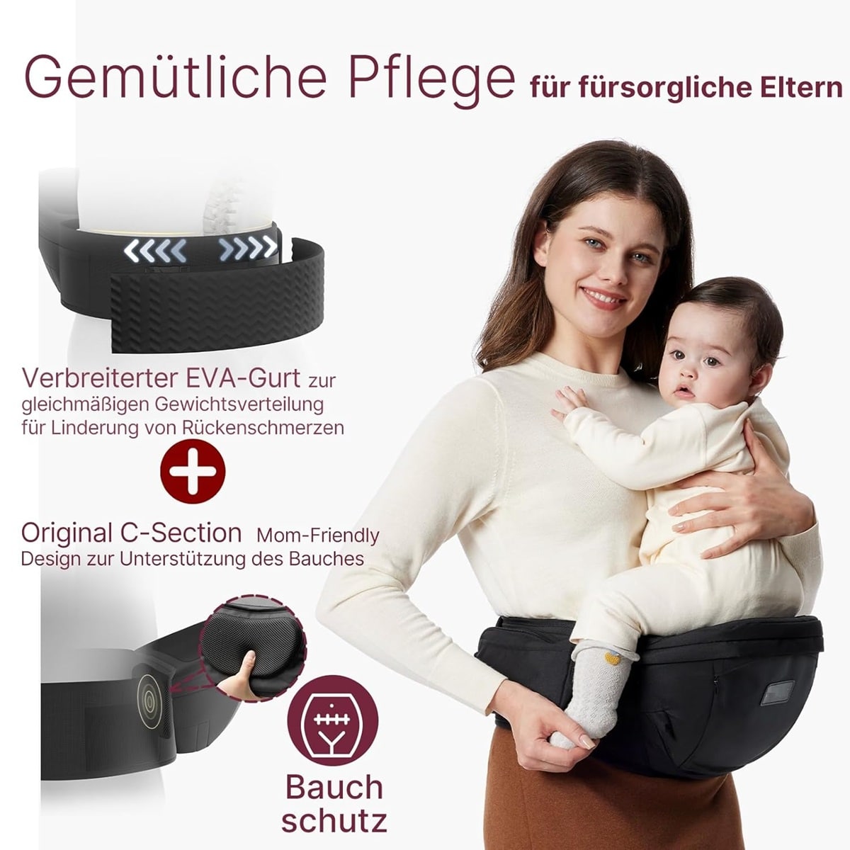 babyluzi® Hüftsitz-Babytrage für Neugeborene - Kleinkinder bis 20 kg, 3D-Bauchschutz & EVA-Massageplatte, verschiedene Taschen (4)