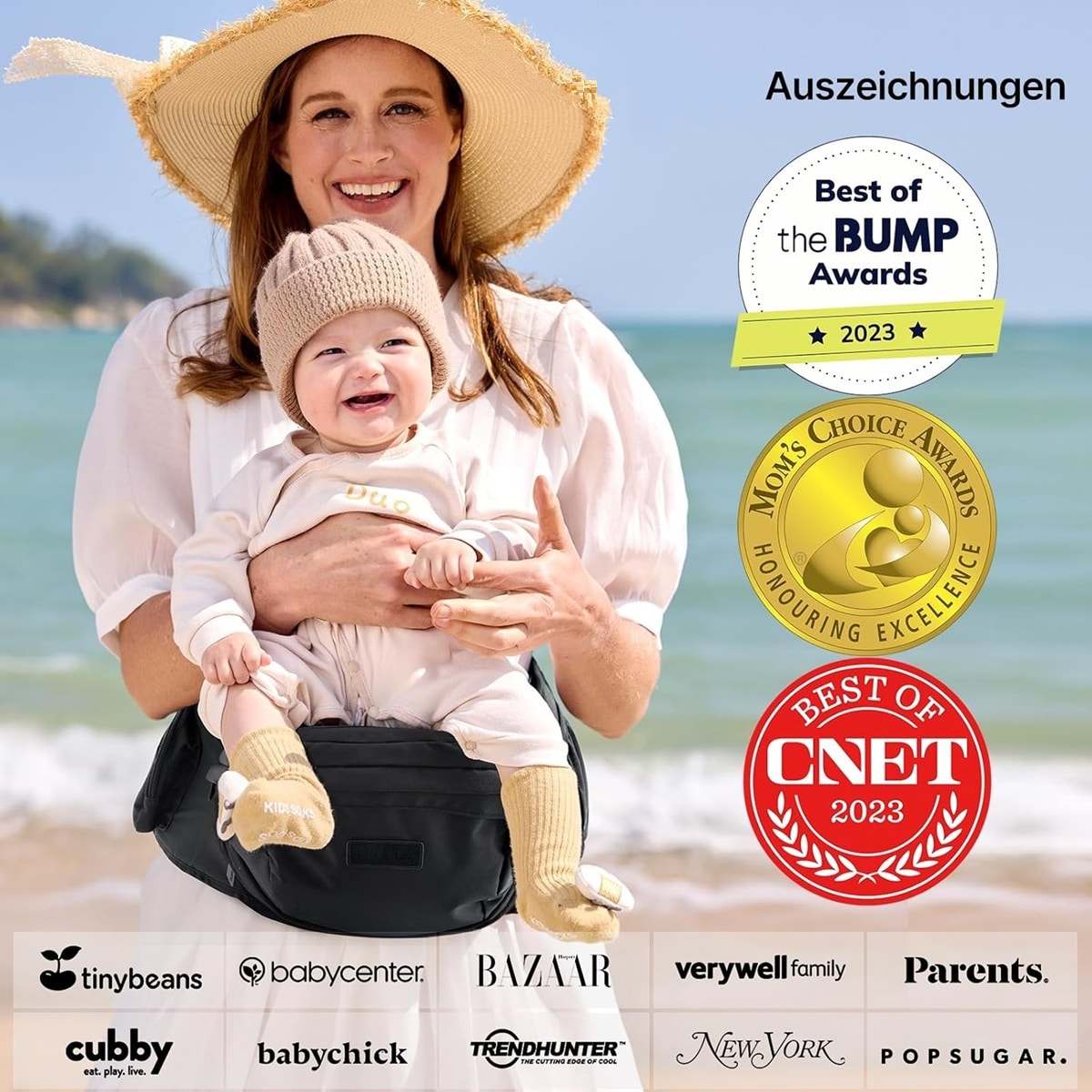 babyluzi® Hüftsitz-Babytrage für Neugeborene - Kleinkinder bis 20 kg, 3D-Bauchschutz & EVA-Massageplatte, verschiedene Taschen (5)