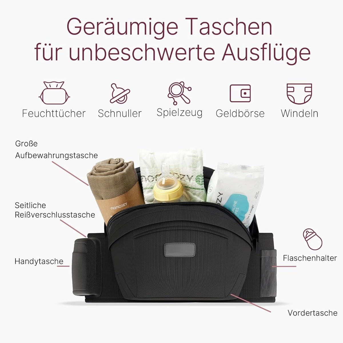 babyluzi® Hüftsitz-Babytrage für Neugeborene - Kleinkinder bis 20 kg, 3D-Bauchschutz & EVA-Massageplatte, verschiedene Taschen (6)