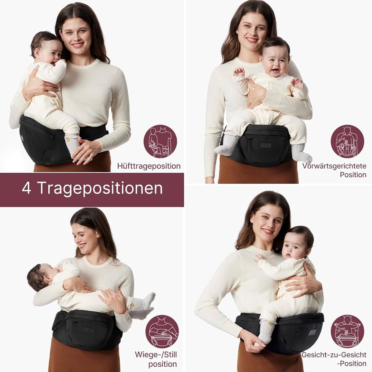 babyluzi® Hüftsitz-Babytrage für Neugeborene - Kleinkinder bis 20 kg, 3D-Bauchschutz & EVA-Massageplatte, verschiedene Taschen (8)